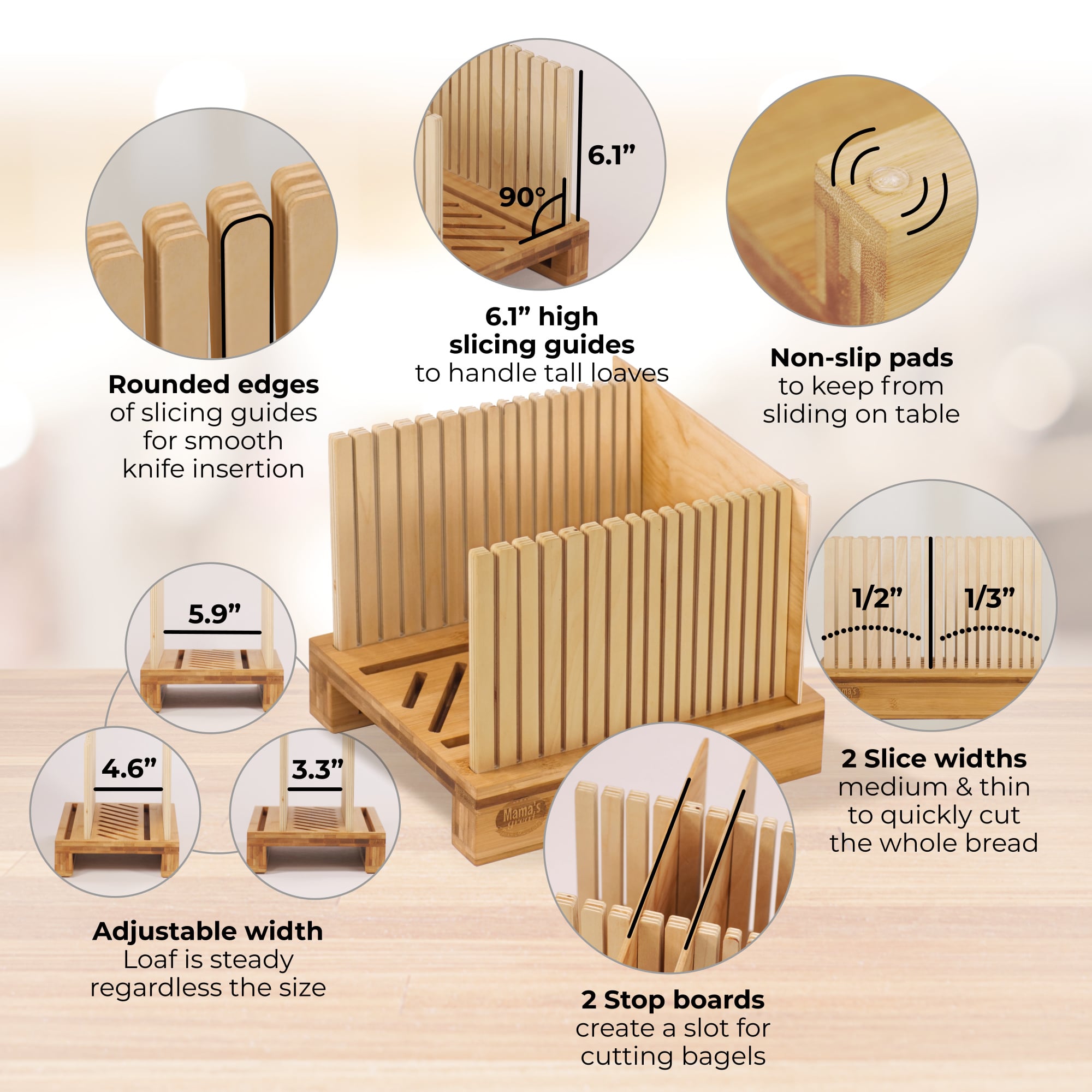 Bamboo Bread Slicer Cutting Guide - Foldable and Compact with Crumbs Tray  and Knife 