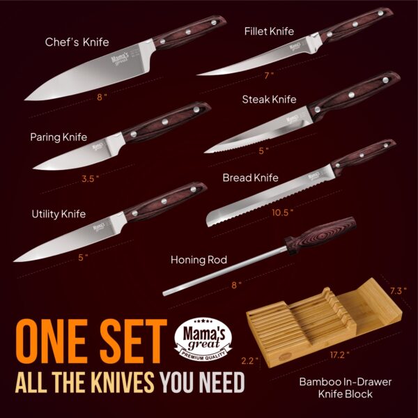 Knife set includes all essential kitchen knives